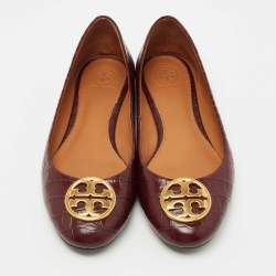 Pre Owned Tory Burch Burgundy Croc Embossed Leather Chelsea Ballet Flats Size 38.5