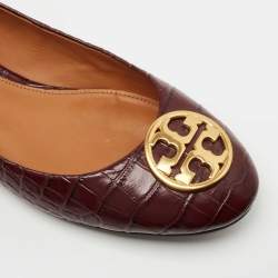 Pre Owned Tory Burch Burgundy Croc Embossed Leather Chelsea Ballet Flats Size 38.5