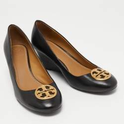 Pre Owned Tory Burch Black Leather Sally Wedge Pumps Size 38
