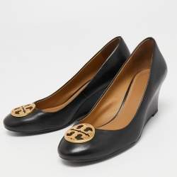 Pre Owned Tory Burch Black Leather Sally Wedge Pumps Size 38