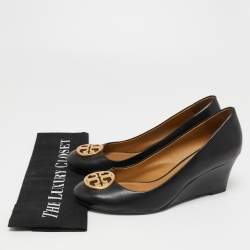 Pre Owned Tory Burch Black Leather Sally Wedge Pumps Size 38