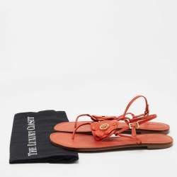 Pre Owned Tory Burch Orange Leather Flower Ankle Strap Flat Sandals Size 40