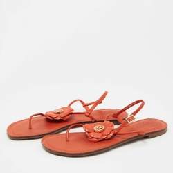 Pre Owned Tory Burch Orange Leather Flower Ankle Strap Flat Sandals Size 40