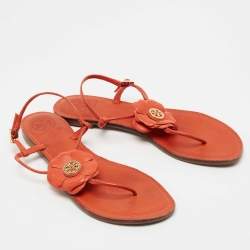 Pre Owned Tory Burch Orange Leather Flower Ankle Strap Flat Sandals Size 40