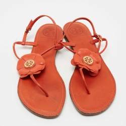Pre Owned Tory Burch Orange Leather Flower Ankle Strap Flat Sandals Size 40