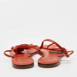 Pre Owned Tory Burch Orange Leather Flower Ankle Strap Flat Sandals Size 40