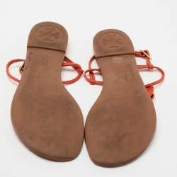 Pre Owned Tory Burch Orange Leather Flower Ankle Strap Flat Sandals Size 40