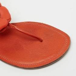 Pre Owned Tory Burch Orange Leather Flower Ankle Strap Flat Sandals Size 40