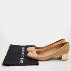 Pre Owned Tory Burch Beige Quilted Patent Leather Block Heel Pumps Size 38.5