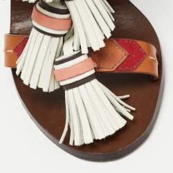 Pre Owned Tory Burch Multicolor Leather Tassels Block Heel Sandals Size 37.5