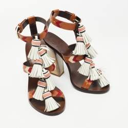 Pre Owned Tory Burch Multicolor Leather Tassels Block Heel Sandals Size 37.5