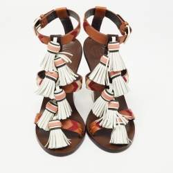 Pre Owned Tory Burch Multicolor Leather Tassels Block Heel Sandals Size 37.5