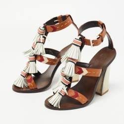 Pre Owned Tory Burch Multicolor Leather Tassels Block Heel Sandals Size 37.5