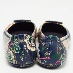 Pre Owned Tory Burch Navy Blue Printed Floral Leather Minnie Travel Ballet Flats Size 38.5
