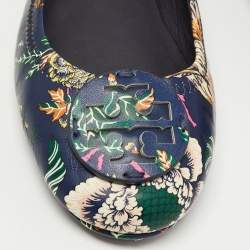 Pre Owned Tory Burch Navy Blue Printed Floral Leather Minnie Travel Ballet Flats Size 38.5