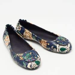 Pre Owned Tory Burch Navy Blue Printed Floral Leather Minnie Travel Ballet Flats Size 38.5