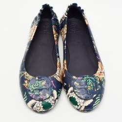 Pre Owned Tory Burch Navy Blue Printed Floral Leather Minnie Travel Ballet Flats Size 38.5