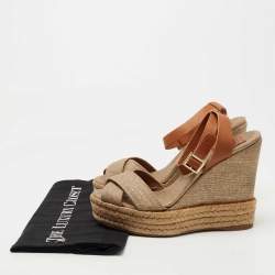 Pre Owned Tory Burch Gold/Brown Leather and Canvas Espadrille Wedge Sandals Size 38.5