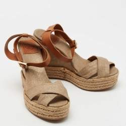 Pre Owned Tory Burch Gold/Brown Leather and Canvas Espadrille Wedge Sandals Size 38.5