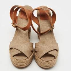 Pre Owned Tory Burch Gold/Brown Leather and Canvas Espadrille Wedge Sandals Size 38.5