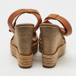 Pre Owned Tory Burch Gold/Brown Leather and Canvas Espadrille Wedge Sandals Size 38.5