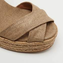 Pre Owned Tory Burch Gold/Brown Leather and Canvas Espadrille Wedge Sandals Size 38.5