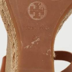 Pre Owned Tory Burch Gold/Brown Leather and Canvas Espadrille Wedge Sandals Size 38.5
