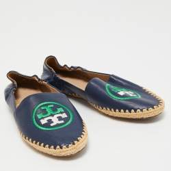 Pre Owned Tory Burch Navy Blue Leather Espadrille Flats Size 37
