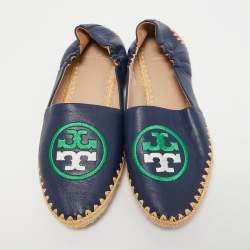 Pre Owned Tory Burch Navy Blue Leather Espadrille Flats Size 37