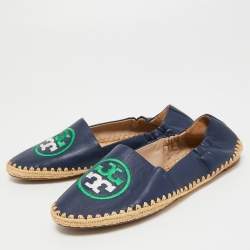 Pre Owned Tory Burch Navy Blue Leather Espadrille Flats Size 37