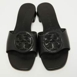 Pre Owned Tory Burch Black Leather Bombe Miller Slide Sandals Size 36.5