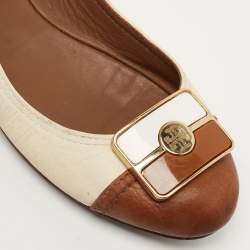 Pre Owned Tory Burch Brown/Off White Leather Ballet Flats Size 38.5