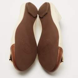 Pre Owned Tory Burch Brown/Off White Leather Ballet Flats Size 38.5