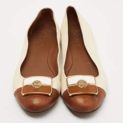 Pre Owned Tory Burch Brown/Off White Leather Ballet Flats Size 38.5