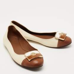 Pre Owned Tory Burch Brown/Off White Leather Ballet Flats Size 38.5