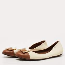 Pre Owned Tory Burch Brown/Off White Leather Ballet Flats Size 38.5