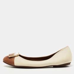 Pre Owned Tory Burch Brown/Off White Leather Ballet Flats Size 38.5