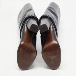 Pre Owned Tory Burch Navy Blue Leather Sarava Braid Detail Knee Boots Size 37.5