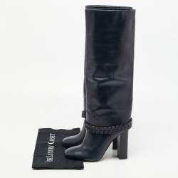 Pre Owned Tory Burch Navy Blue Leather Sarava Braid Detail Knee Boots Size 37.5