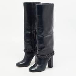 Pre Owned Tory Burch Navy Blue Leather Sarava Braid Detail Knee Boots Size 37.5