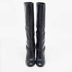 Pre Owned Tory Burch Navy Blue Leather Sarava Braid Detail Knee Boots Size 37.5