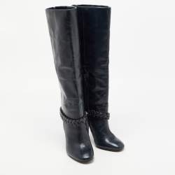 Pre Owned Tory Burch Navy Blue Leather Sarava Braid Detail Knee Boots Size 37.5