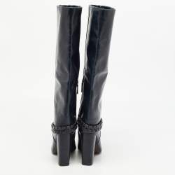 Pre Owned Tory Burch Navy Blue Leather Sarava Braid Detail Knee Boots Size 37.5