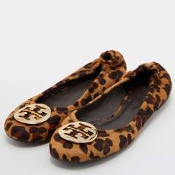 Pre Owned Tory Burch Brown Leopard Print Calf Hair Reva Ballet Flats Size 40.5