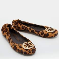 Pre Owned Tory Burch Brown Leopard Print Calf Hair Reva Ballet Flats Size 40.5