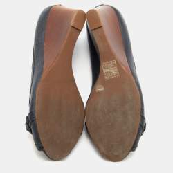 Tory Burch Navy Blue Leather Leticia Peep Toe Wedge Pumps Size 37.5