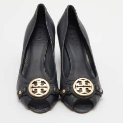 Tory Burch Navy Blue Leather Leticia Peep Toe Wedge Pumps Size 37.5