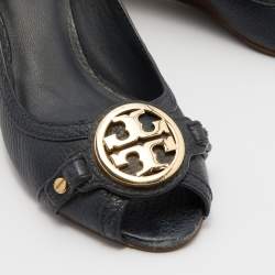 Tory Burch Navy Blue Leather Leticia Peep Toe Wedge Pumps Size 37.5