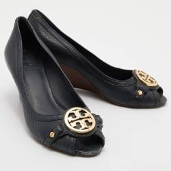 Tory Burch Navy Blue Leather Leticia Peep Toe Wedge Pumps Size 37.5
