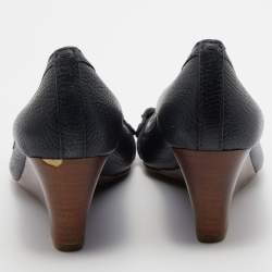 Tory Burch Navy Blue Leather Leticia Peep Toe Wedge Pumps Size 37.5